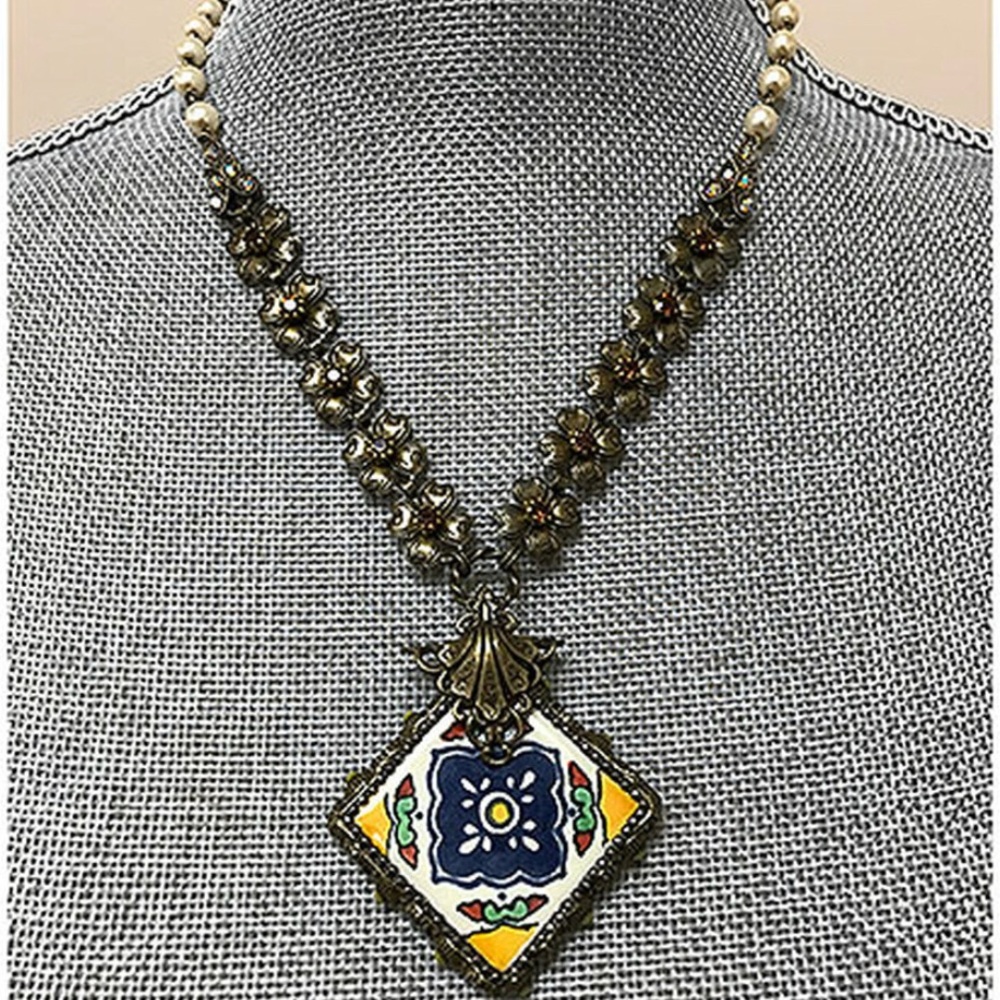 Hand Painted Ceramic Tile Antiqued Gold Necklace-Boutique